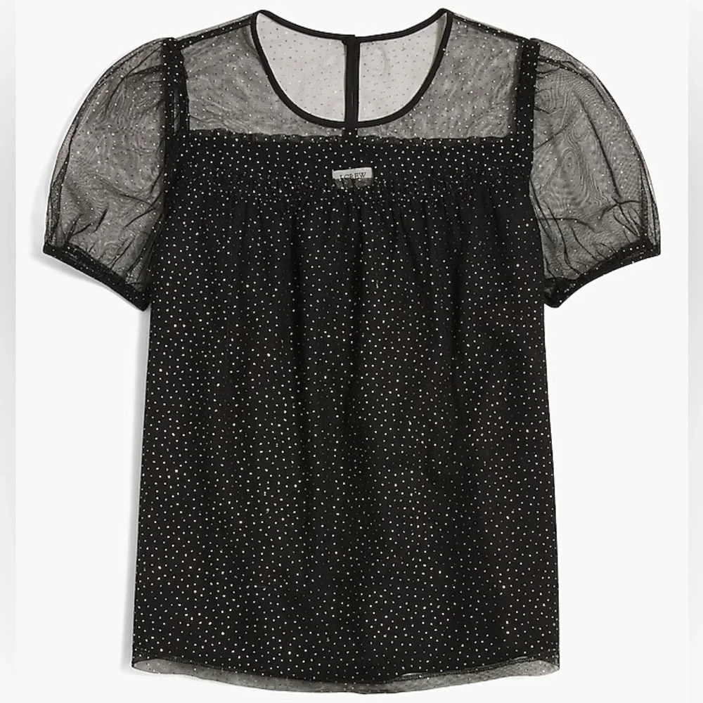 J. Crew Black Sparkle Puff Sleeve Tulle‎ Top XS Holiday Party Fancy Dressy Sheer